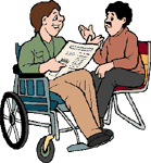 one person talking to another in a wheelchair